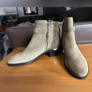 Calvin Klein Olive Suede Leather Ankle Booties Silver Buckle Strap Block Heel 6